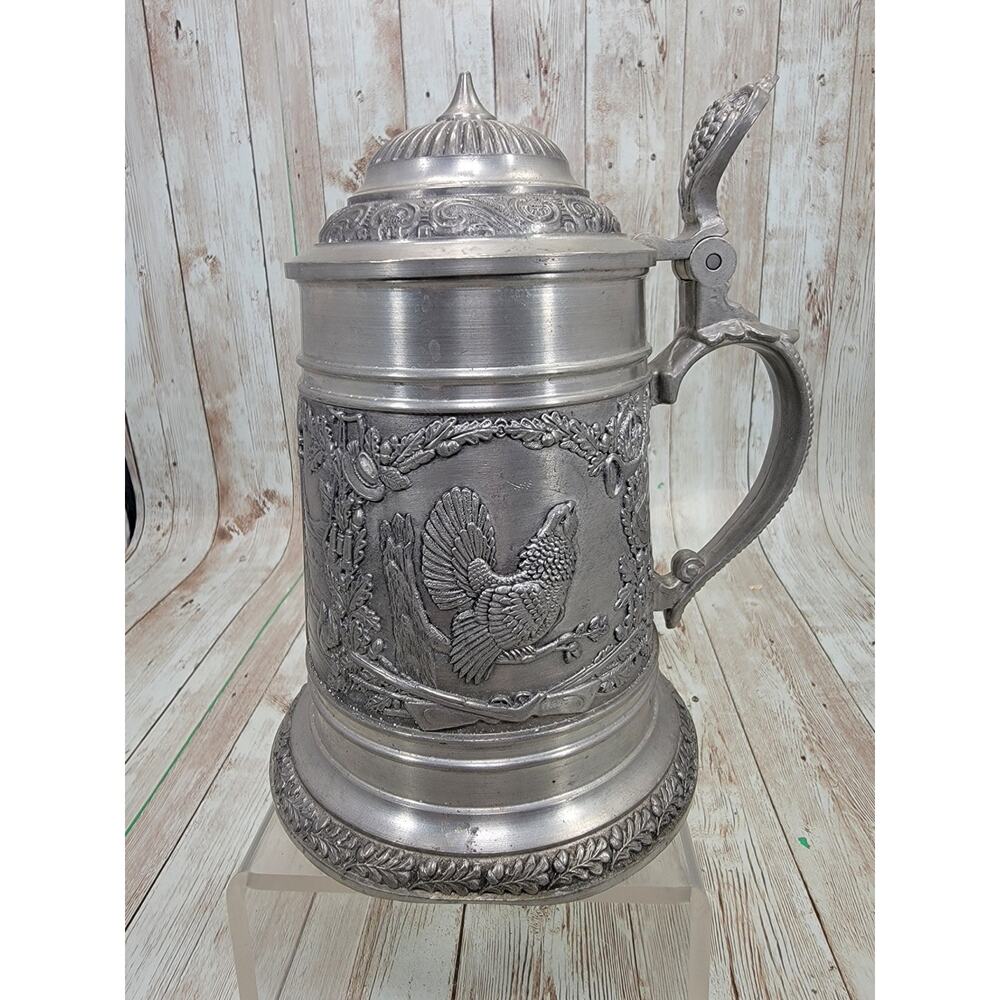 Vintage Zinn German 95% Pewter Lidded Beer Stein - 7" - Bas Relief Stag Scene